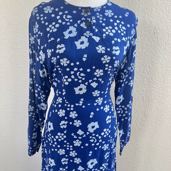 Batik Keris Dress Sz Medium Kaftan Royal Blue Floral Print Tie Waist Wax Process - Picture 2 of 15